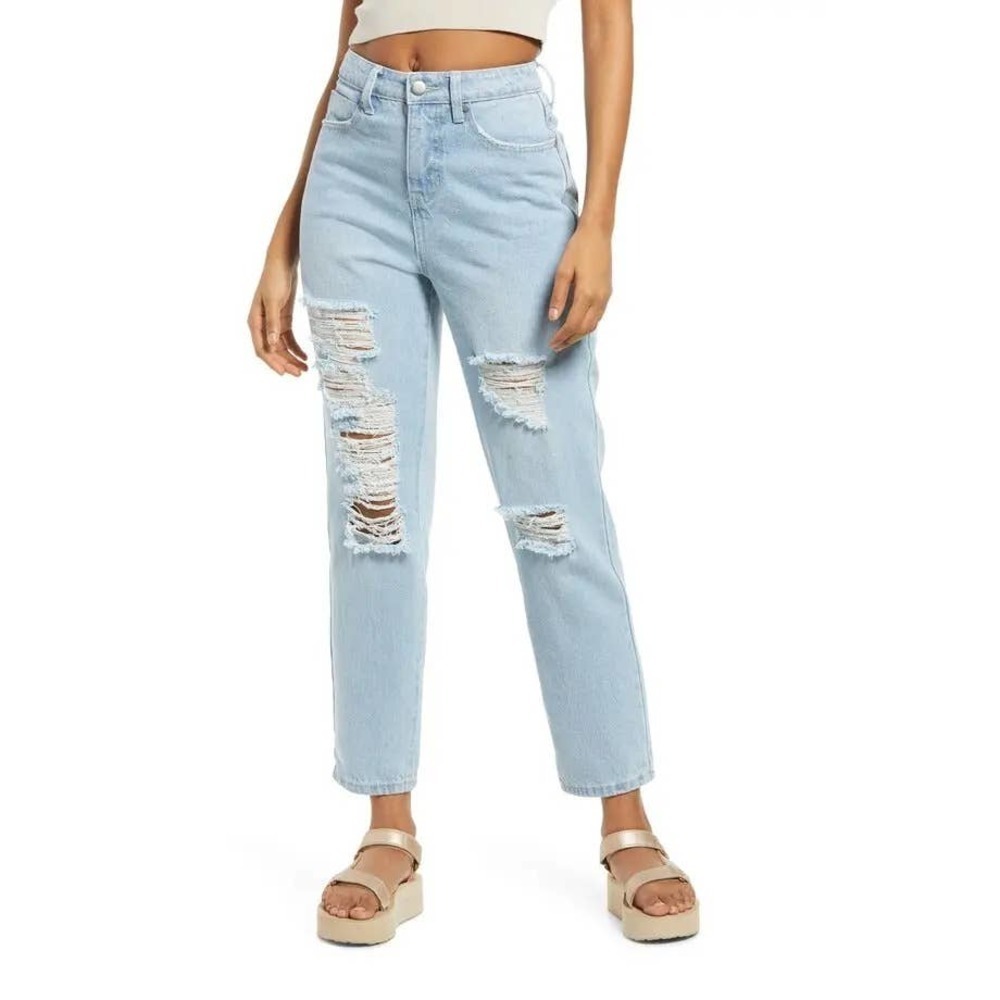 New BP. Women's Blue Light Decon Wash Ripped High Waist Mom Jeans Size 28